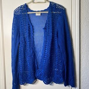 Bedford Fair Royal Blue Crochet Open Front Cardigan Scalloped Hem Size Large